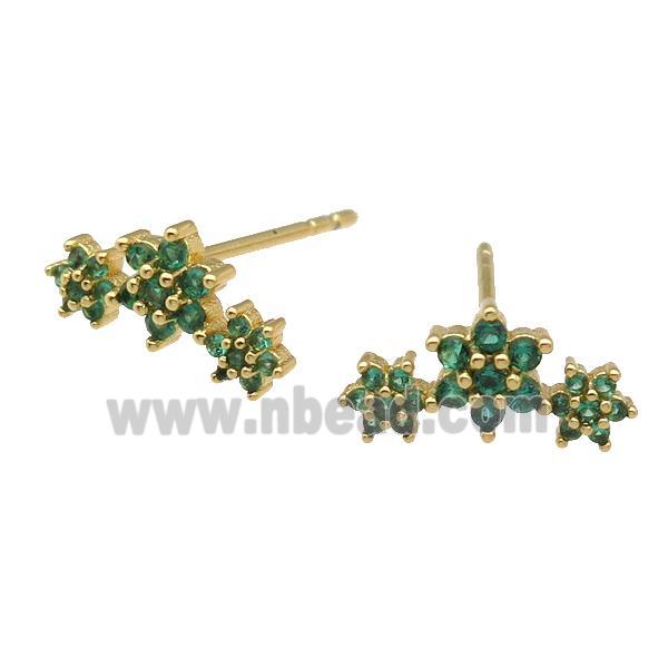 copper Stud Earring paved green zircon, flower, gold plated