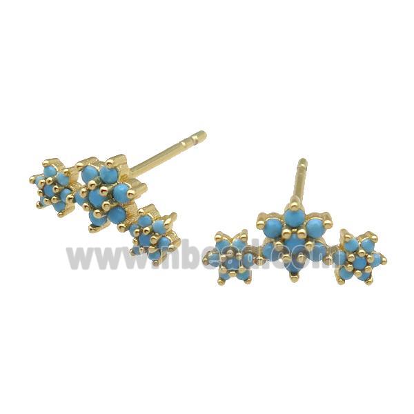 copper Stud Earring paved turq zircon, flower, gold plated