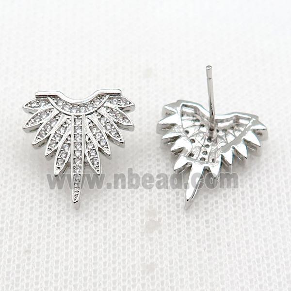 copper Stud Earring paved zircon, wing, platinum plated