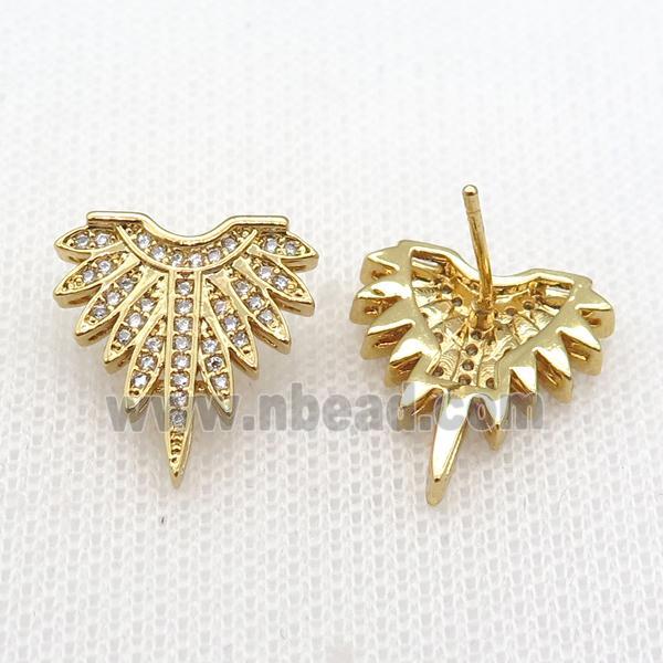 copper Stud Earring paved zircon, wing, gold plated