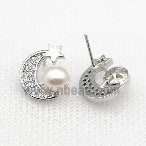 copper moon Stud Earring paved zircon with pearlized shell, platinum plated