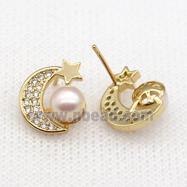 copper moon Stud Earring paved zircon with pearlized shell, gold plated