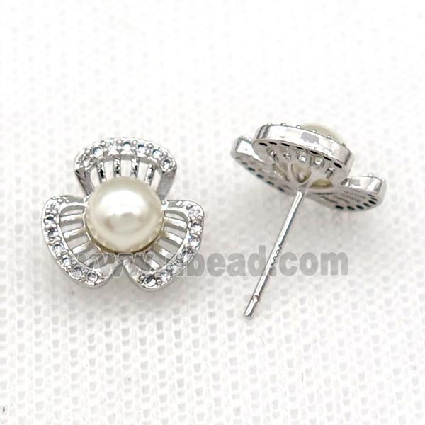 copper flower Stud Earring paved zircon with pearlized shell, platinum plated