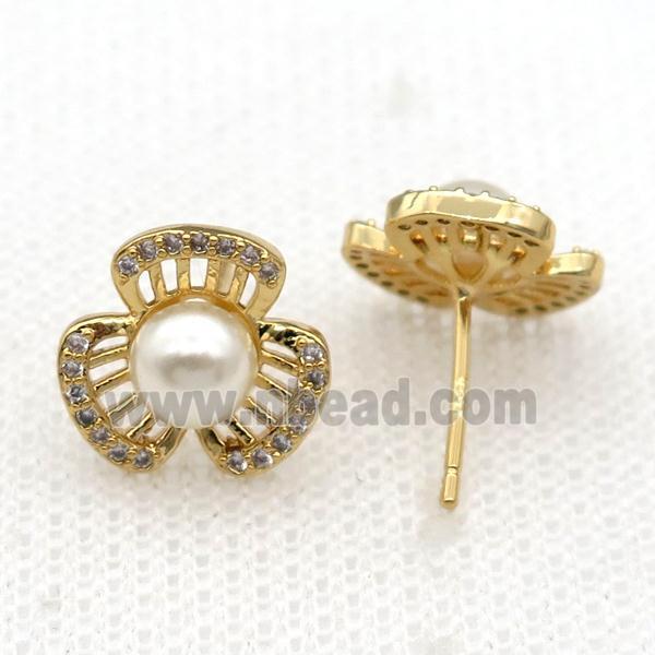 copper flower Stud Earring paved zircon with pearlized shell, gold plated
