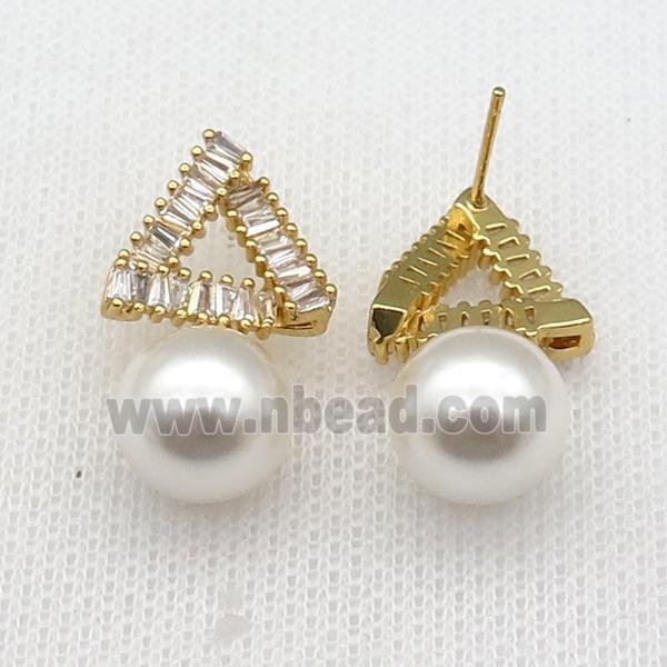 copper Triangle Stud Earring paved zircon with pearlized shell, gold plated