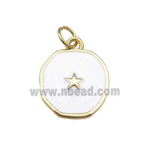copper circle pendant with white enamel, star, gold plated