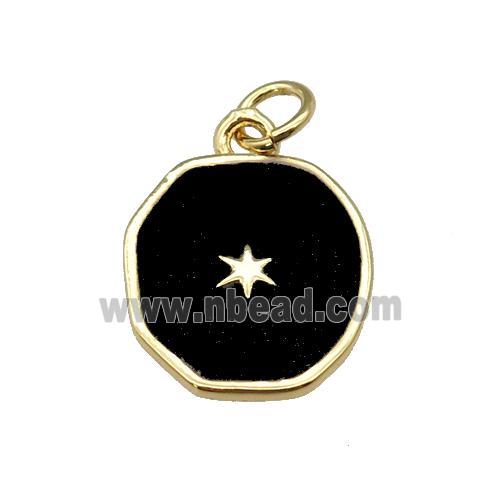 copper circle pendant with black enamel, star, gold plated