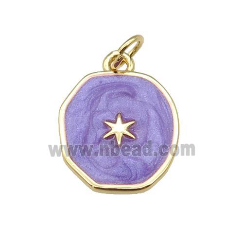 copper circle pendant with purple enamel, star, gold plated