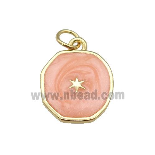 copper circle pendant with peach enamel, star, gold plated