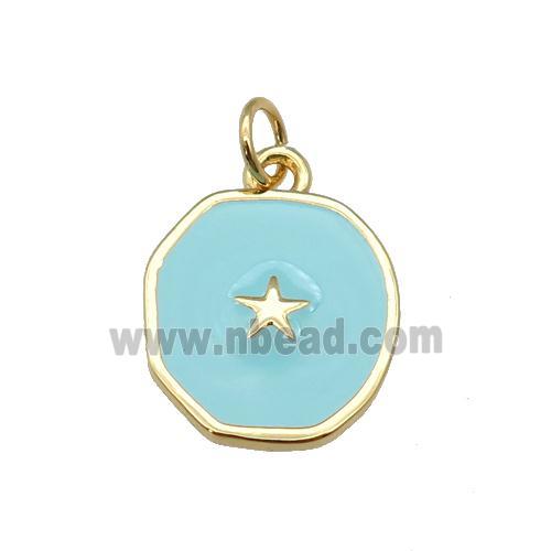 copper circle pendant with teal enamel, star, gold plated