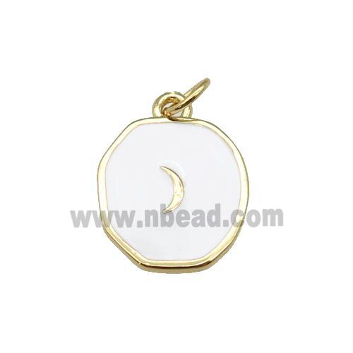 copper circle pendant with white enamel, moon, gold plated