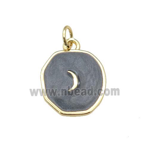 copper circle pendant with black enamel, moon, gold plated
