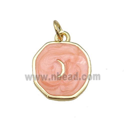 copper circle pendant with peach enamel, moon, gold plated
