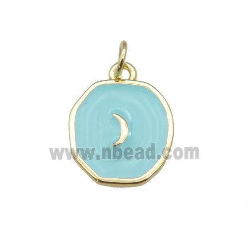 copper circle pendant with teal enamel, moon, gold plated