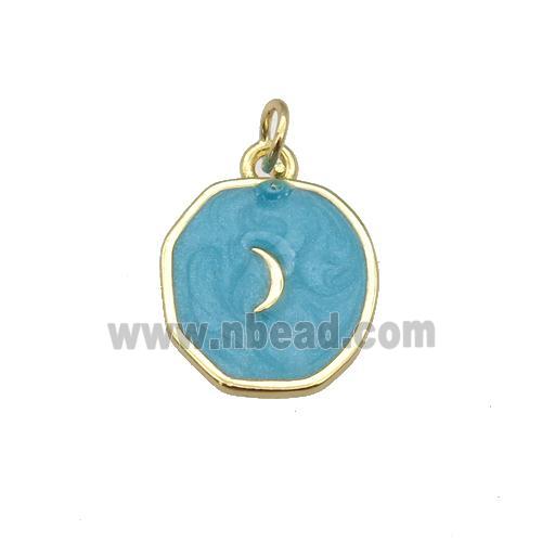 copper circle pendant with deepgreen enamel, moon, gold plated