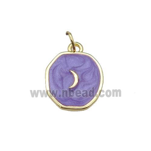 copper circle pendant with purple enamel, moon, gold plated
