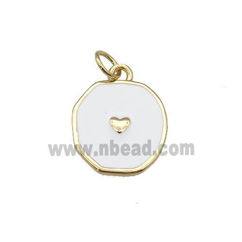 copper circle pendant with white enamel, heart, gold plated