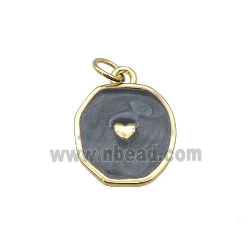 copper circle pendant with black enamel, heart, gold plated