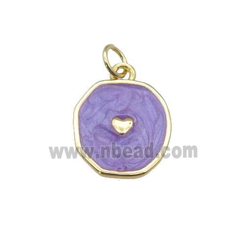 copper circle pendant with purple enamel, heart, gold plated