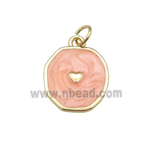 copper circle pendant with peach enamel, heart, gold plated