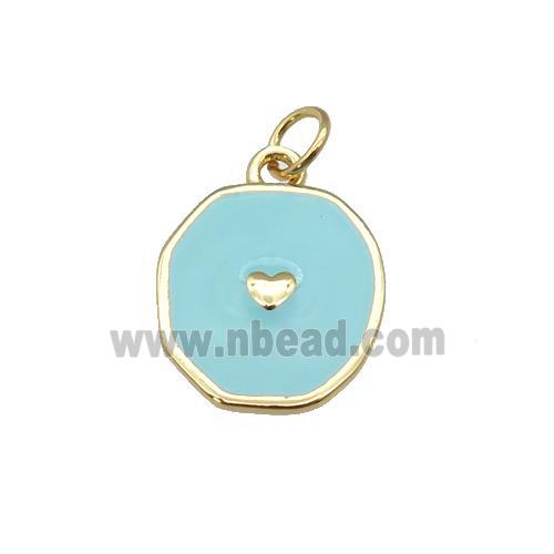 copper circle pendant with teal enamel, heart, gold plated