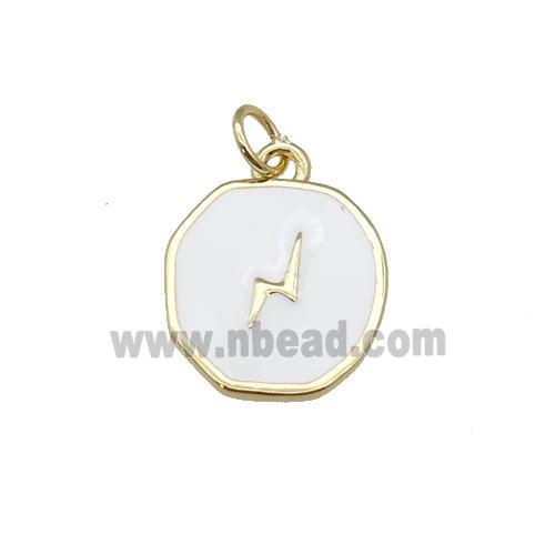 copper circle pendant with white enamel, lightning, gold plated