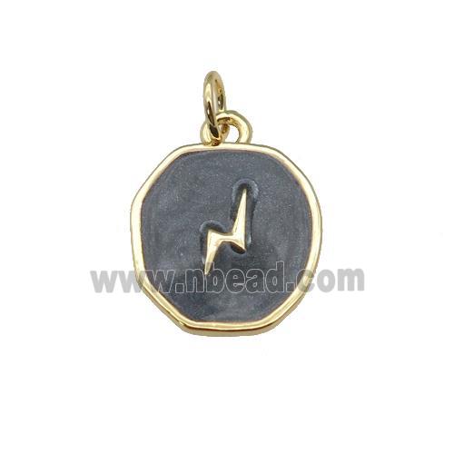 copper circle pendant with black enamel, lightning, gold plated