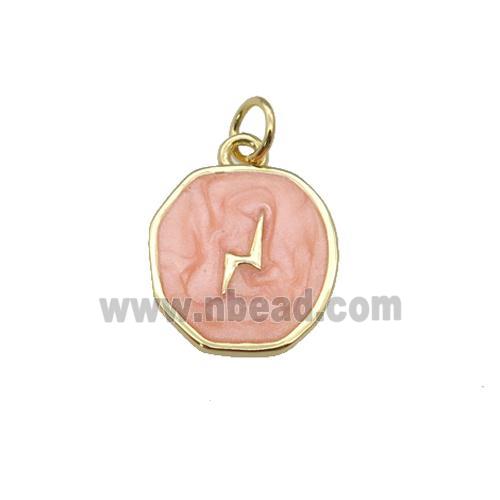 copper circle pendant with peach enamel, lightning, gold plated