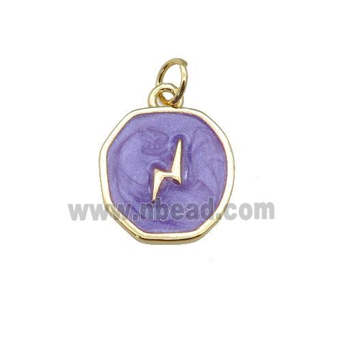 copper circle pendant with purple enamel, lightning, gold plated