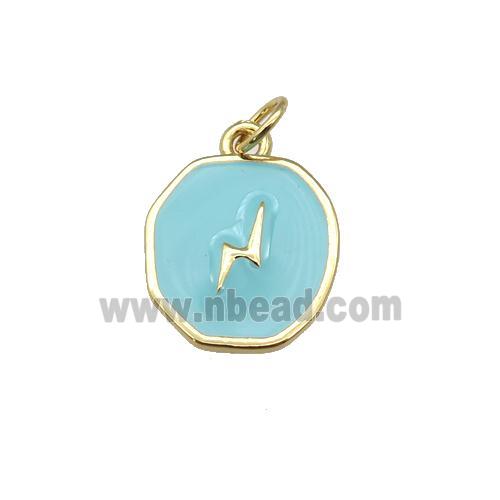copper circle pendant with teal enamel, lightning, gold plated