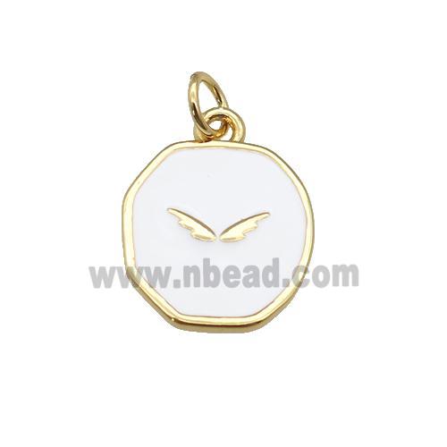 copper circle pendant with white enamel, wing, gold plated