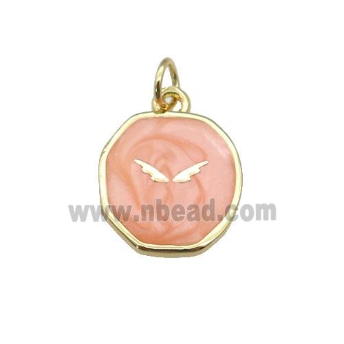 copper circle pendant with peach enamel, wing, gold plated