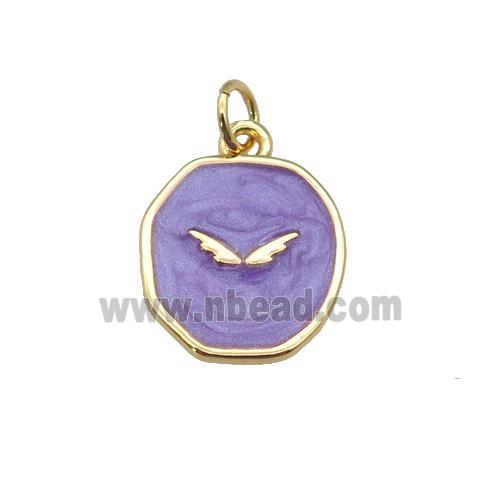 copper circle pendant with purple enamel, wing, gold plated