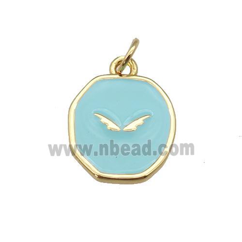 copper circle pendant with teal enamel, wing, gold plated