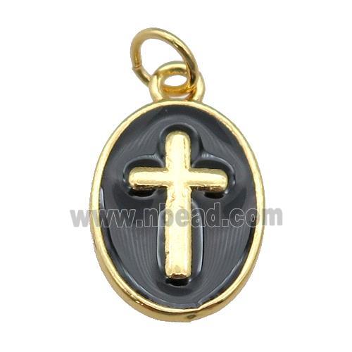 copper oval pendant with black enamel, cross, gold plated