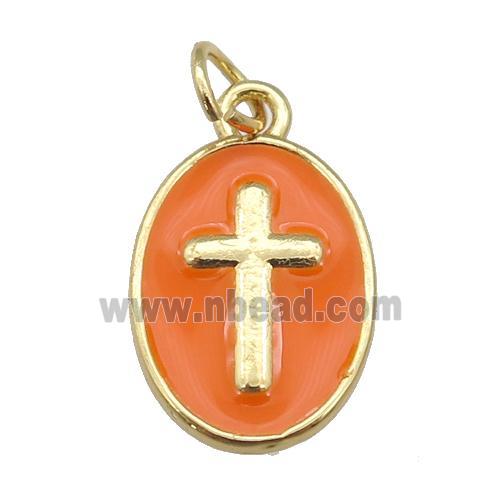 copper oval pendant with orange enamel, cross, gold plated