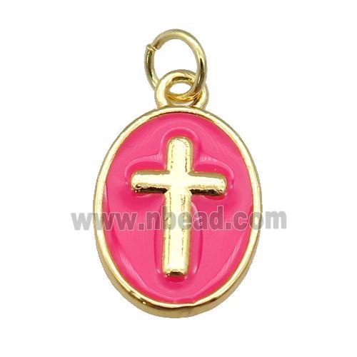 copper oval pendant with hotpink enamel, cross, gold plated