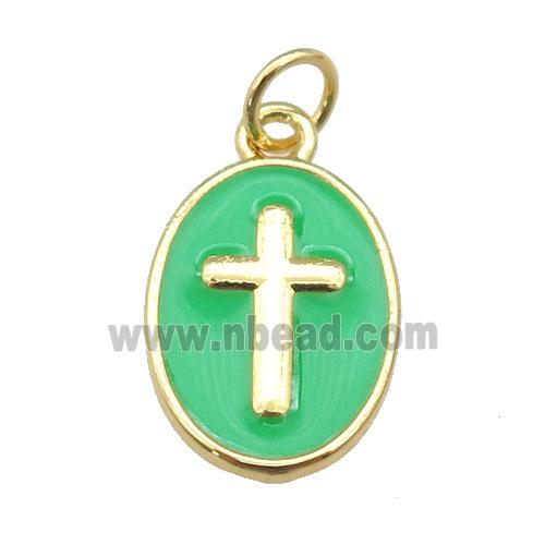 copper oval pendant with green enamel, cross, gold plated