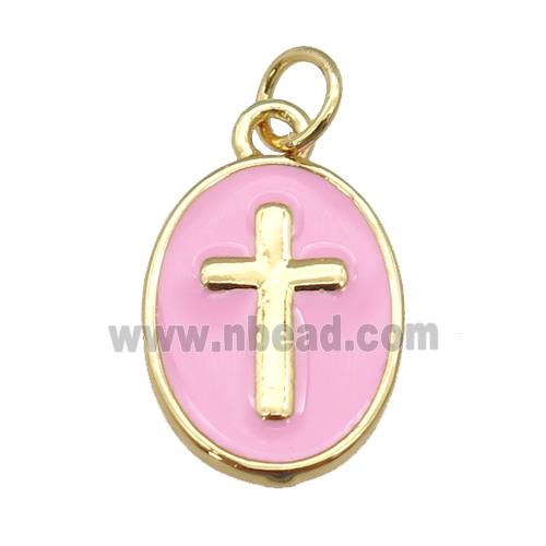 copper oval pendant with pink enamel, cross, gold plated