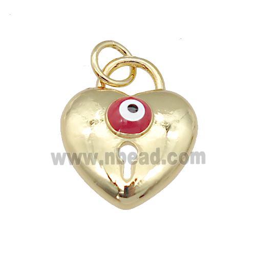 copper Heart pendant with red enamel Evil Eye, gold plated