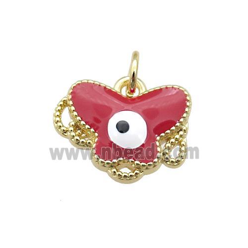copper Butterfly pendant with red enamel, evil eye, gold plated