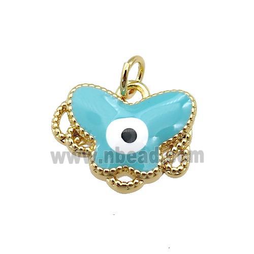 copper Butterfly pendant with teal enamel, evil eye, gold plated