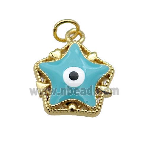 copper Star pendant with teal enamel, evil eye, gold plated