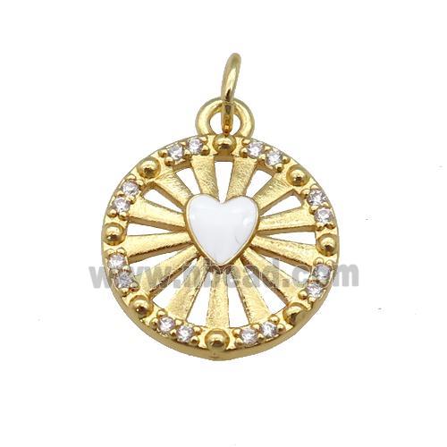copper circle pendant paved zircon with white enamel heart, gold plated