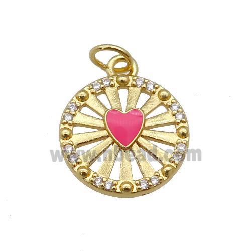 copper circle pendant paved zircon with hotpink enamel heart, gold plated