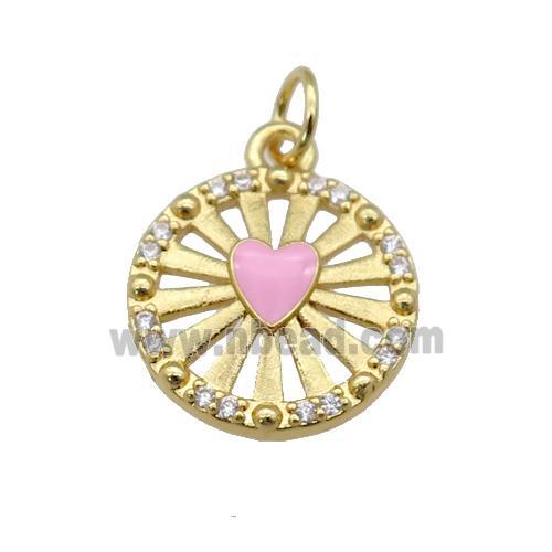 copper circle pendant paved zircon with pink enamel heart, gold plated