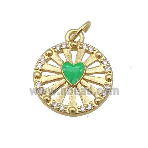 copper circle pendant paved zircon with green enamel heart, gold plated