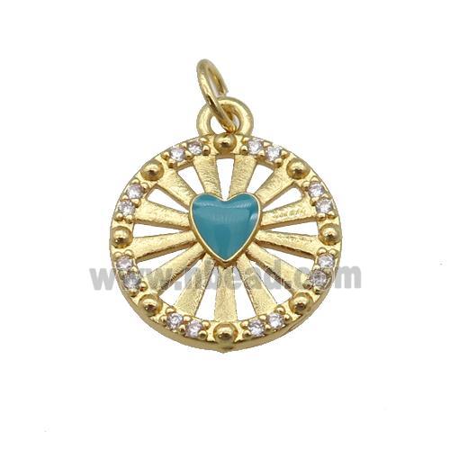 copper circle pendant paved zircon with teal enamel heart, gold plated