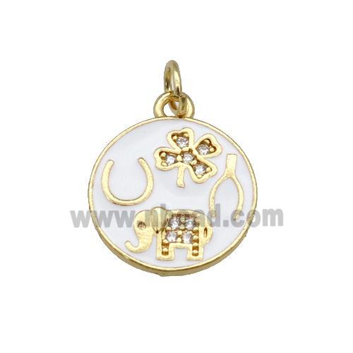 copper circle pendant paved zircon with white enamel, elephant, clover, gold plated