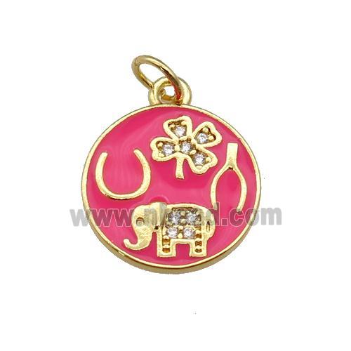 copper circle pendant paved zircon with hotpink enamel, elephant, clover, gold plated